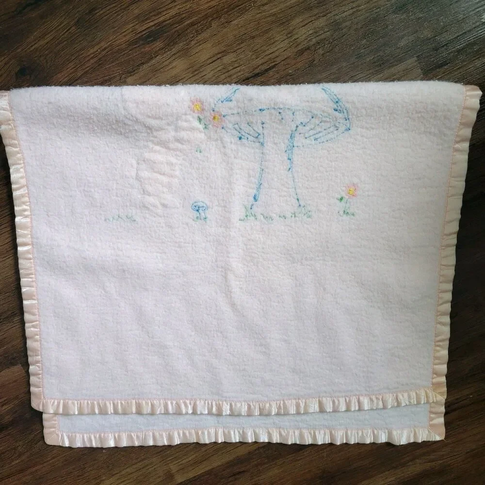 Vintage Pastel Pink Baby Blanket Applique Bunnies Mushroom Bird flower satin tri